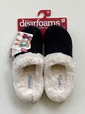 dearfoams Black Velvety-Soft Slippers/White Faux Fur Trim & Lining/M(7-8)/NWT!!!